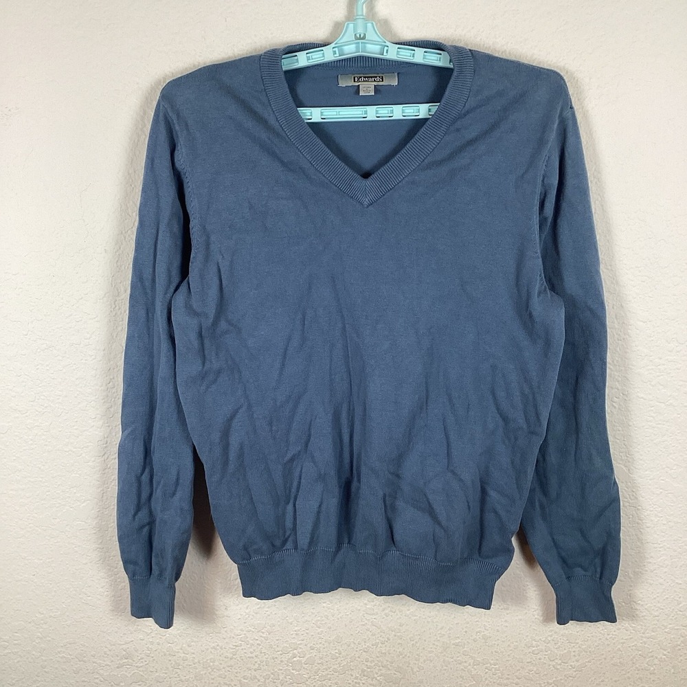 Edwards Mens Sweater Sz M Long Sleeve Pullover Solid V Neck Blue Excellent